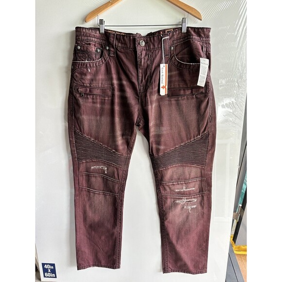 NWT ROCK REVIVAL MEN'S JEANS 42 38 JACK BIKER MOTO BURGUNDY new - Picture 7 of 16